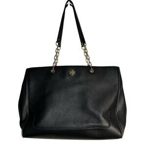 Tory Burch Black Leather Chain Tote Bag | Gold Logo | Pebbled Shoulder Purse